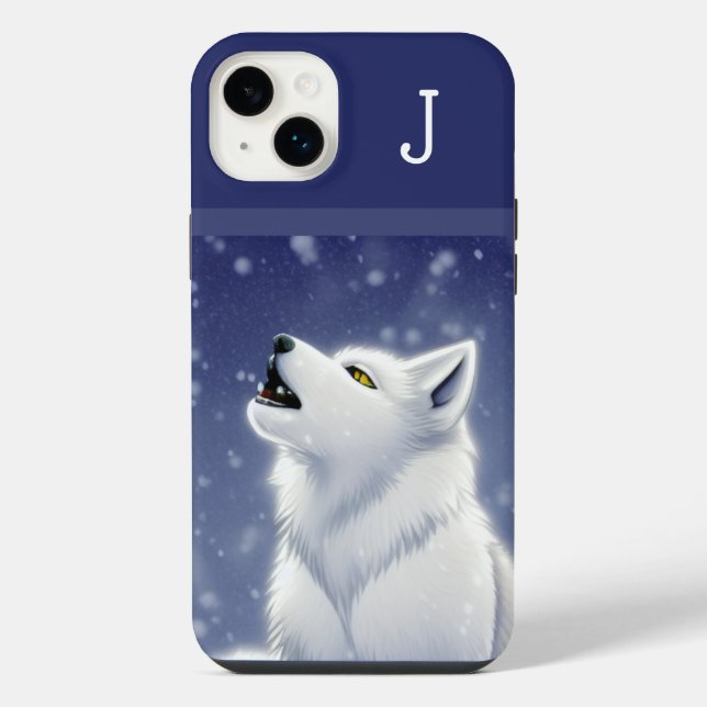 Mit Monogramm White Wolf Howling iPhone 14 Plus Hülle (Rückseite)