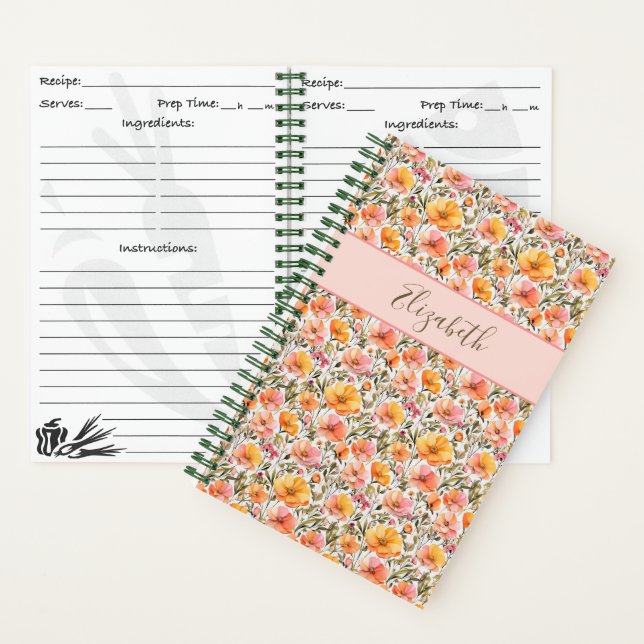 Mit Monogramm Wildblumen Rosa Gelborange Rezept Notizbuch (Innen)