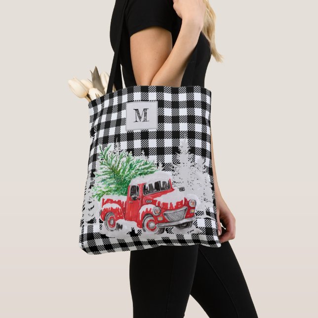 Mit Monogramm Xmas roter LKW-Büffel Karo schwarz Tasche (Von Nahem)