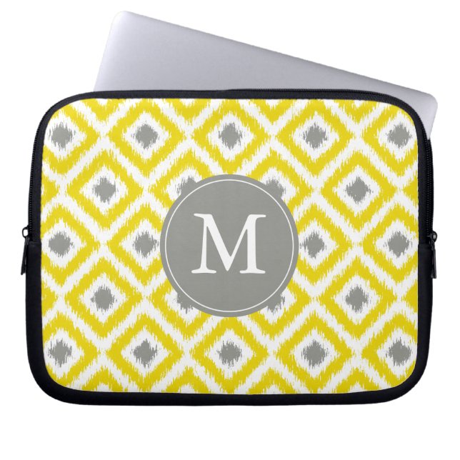 Mit Monogramm Yellow Gray Diamond Ikat Muster Laptopschutzhülle (Vorderseite)