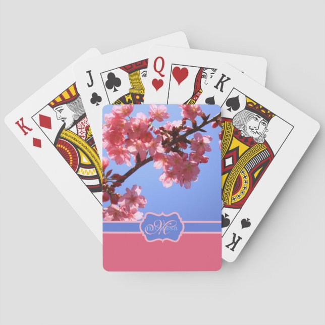 Mit Monogramm Yokohama Sakura Rosa Kirschblüten Spielkarten (Rückseite)