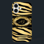 Mit Monogramm Zebrastreifen Verziert iPhone 16 Hülle<br><div class="desc">Mit Monogramm Monogramm, elegantes Zebra Stripe Animal, Schwarz Verziertes Gold Muster Print. Schwarz und Gold . Elegante klassiges Handy Handy Girly für Frauen Mädchen Add Name Initials Glitzer (Achtung, das Bild wird dunkler auf Fall erscheinen) Fabuläre Produkt für Frauen, Mädchen, Zizzago erstellt dieses Design BITTE BEACHTEN Sie alle flachen Bilder!...</div>