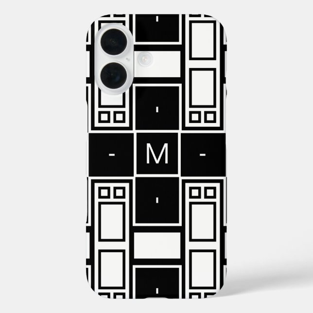 Mit Monogramm zeitgenössisches Schwarzweißmuster iPhone 16 Hülle (Rückseite)