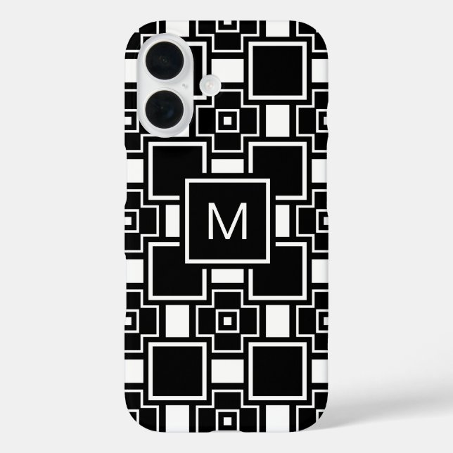 Mit Monogramm zeitgenössisches Schwarzweißmuster iPhone 16 Hülle (Rückseite)