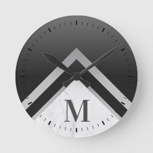 Mit Monogramm Zickzack schwarzer Silbermarmor Runde Wanduhr