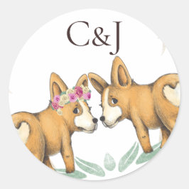 Mit Monogramm zwei Corgi-Hunde Hochzeit Runder Aufkleber