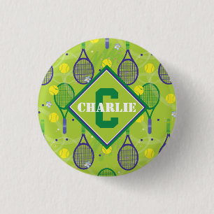 Mit Name & Initial, grüner und lila Tennisschläg Button