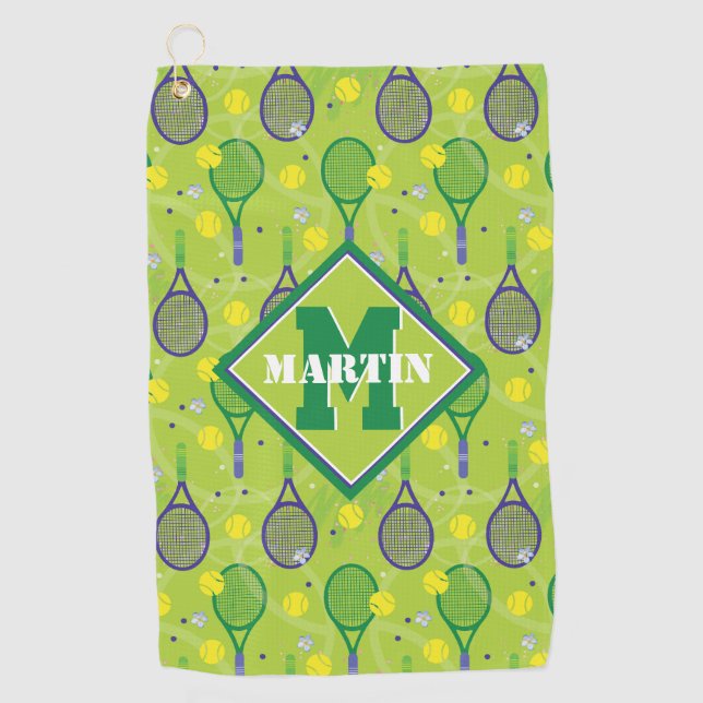 Mit Name & Initial, grüner und lila Tennisschläger Golfhandtuch (Vorderseite)