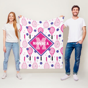 Mit Name und Initial, rosa und lila Tennisschläge Fleecedecke