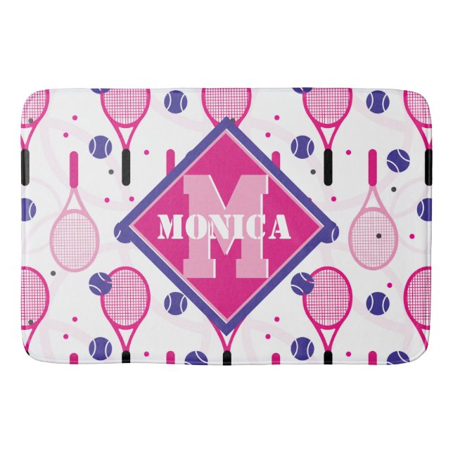 Mit Name und Initial, rosa und lila Tennisschläger Badematte (Vorderseite)