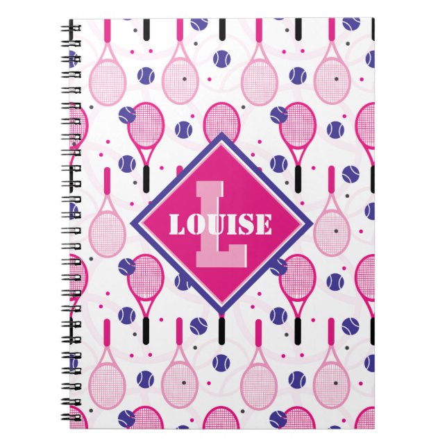 Mit Name und Initial, rosa und lila Tennisschläger Notizblock (Vorderseite)