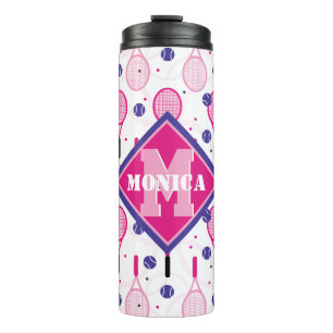 Mit Name und Initial, rosa und lila Tennisschläger Thermosbecher