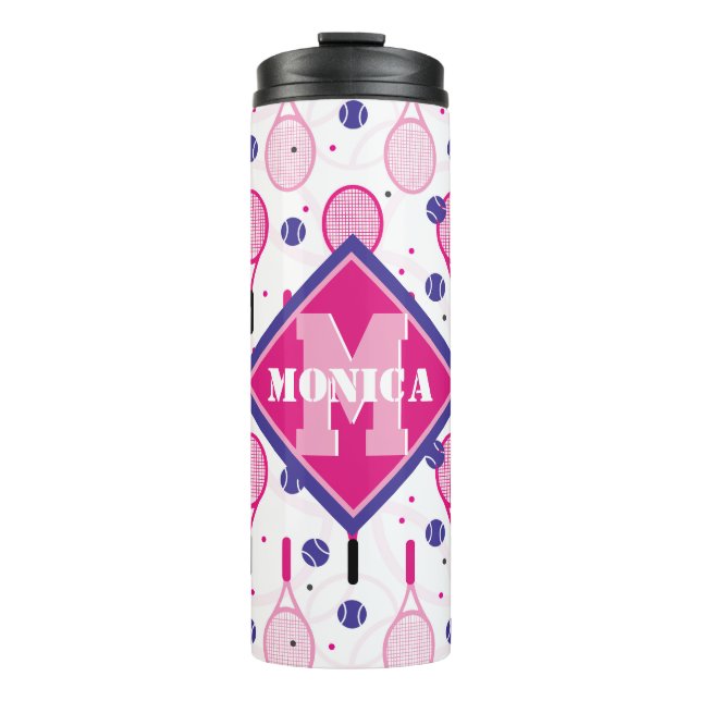 Mit Name und Initial, rosa und lila Tennisschläger Thermosbecher (Vorderseite)