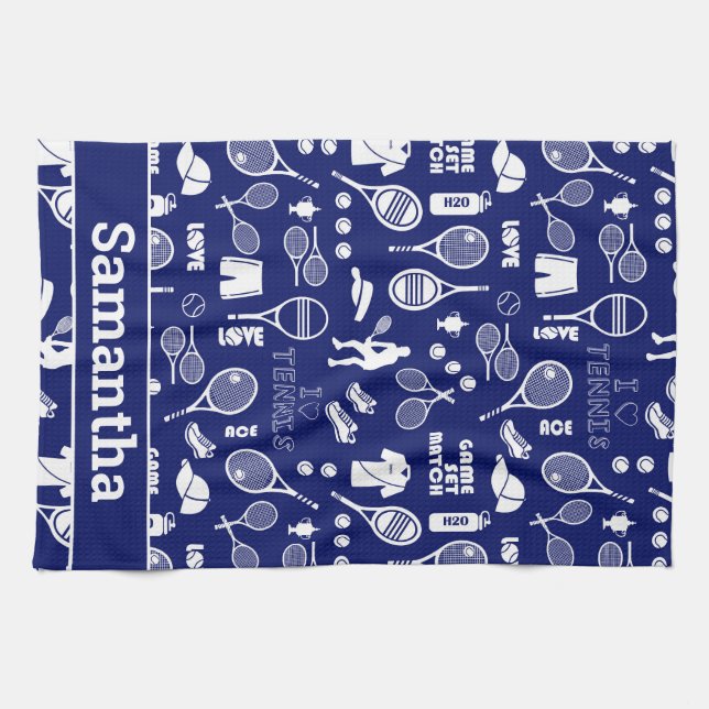 Mit Namen 🎾 blau-weiße Tennis-🎾 Geschirrtuch (Horizontal)
