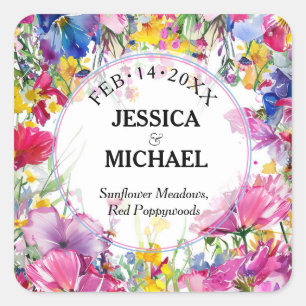 Mit Namen und Datum Meadow Blooms Bliss Quadratischer Aufkleber
