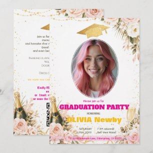 🎓Mit QR-Code Pink & Floral Celebration Absolvent Einladung