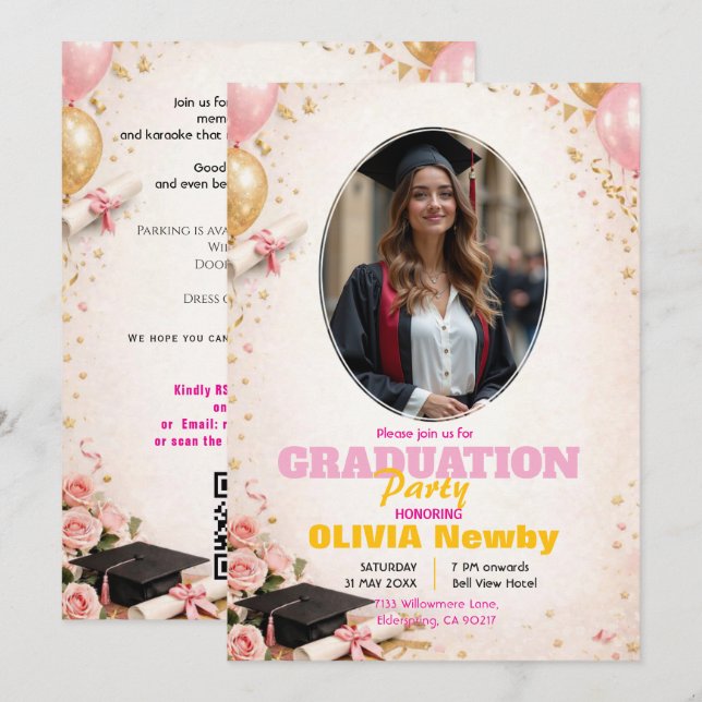 🎓Mit QR-Code Rosa & Luftballon Glow-Abschlussfeie Einladung (Vorne/Hinten)