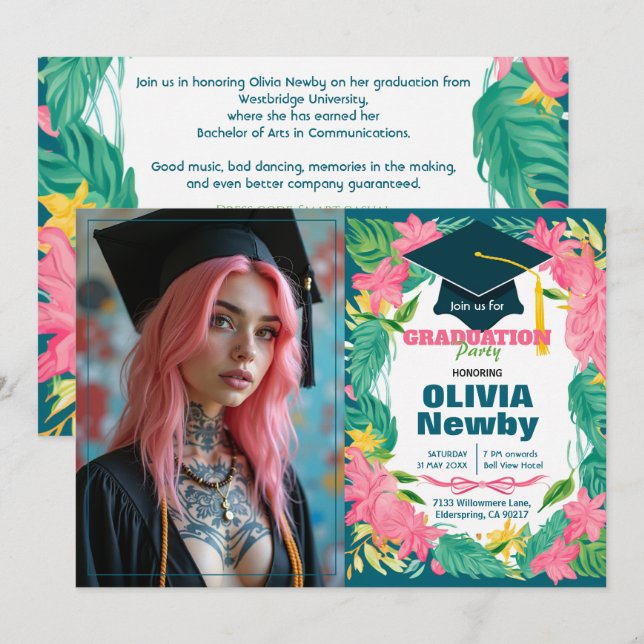 🎓Mit QR-Code Tropical Bloom Einzelnes Foto Einladung (Vorne/Hinten)