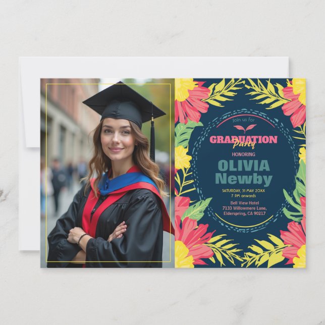 🎓Mit QR-Code Tropical Grad Bloom Einladung (Vorderseite)