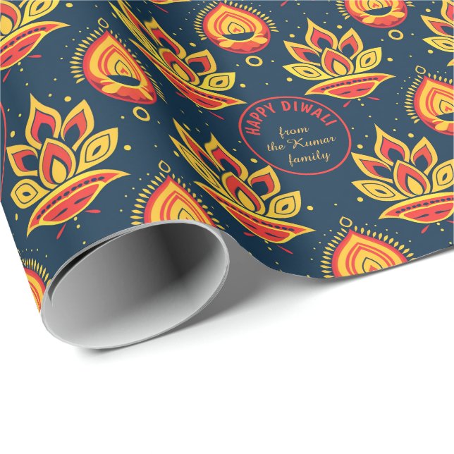Mit Text, Diwali Wrapping Paper - glühende Diyas Geschenkpapier (Rolleneckpunkt)
