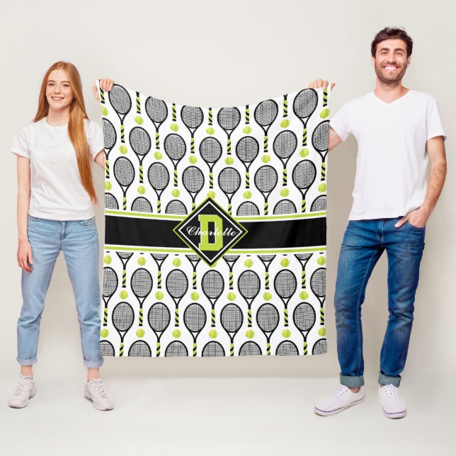 Mit Text 🎾 und Monogramm Schwarz und Grün, Tennis Fleecedecke (Beispiel)
