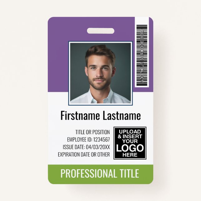 Mitarbeiter - Foto, Bar, Logo-Name Lila grün Ausweis (Vorderseite)