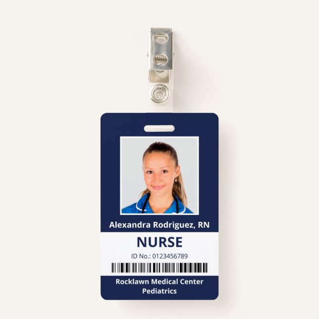 Mitarbeiter Foto Barcode Navy Blue White Medical I Ausweis (Vorderseite mit Klammer)