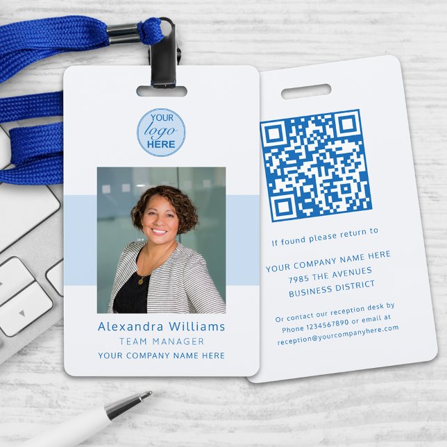 Mitarbeiter-Foto-ID Firmensicherheitscode Ausweis (Blue ad gray custom business photo id with qr code security badge Modern professional lanyard)
