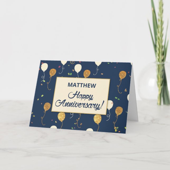 Mitarbeiter-Jahrestag mit Gold Look Balloons Karte (Vorderseite)