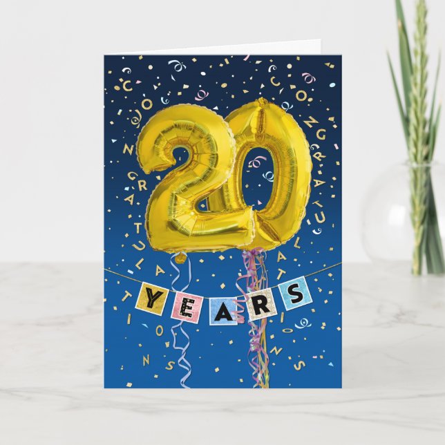 Mitarbeiterjubiläum 20 Jahre - Gold Ballons Karte (Vorderseite)