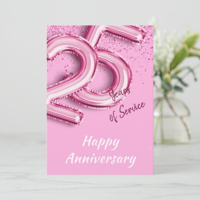 Mitarbeiterjubiläum 25 Jahre Pink Balloon Card Einladung (Stehend Vorderseite)