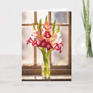 Mitgefühl Gladiolenstrauß in einem sonnigen Fenste Karte