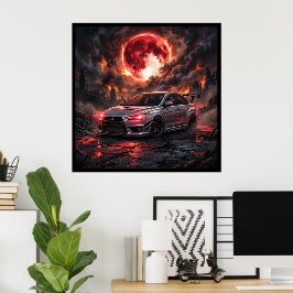 Mitsubishi Lancer Evo 10 unter einem karmesinroten Poster