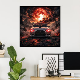 Mitsubishi Lancer Evo 10 unter einem karmesinroten Poster