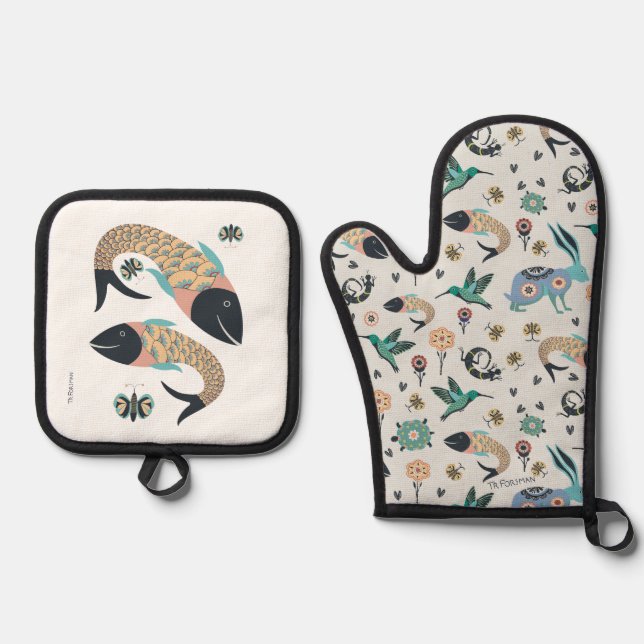 Mitt- und Fischtopfhalter Ofenhandschuh & Topflappen-Set (Vorderseite)
