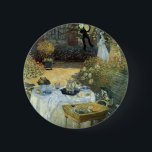 Mittagessen von Claude Monet, Vintager Impressioni Button<br><div class="desc">Das Luncheon (1876) von Claude Monet ist ein Vintager Impressionismus, ein Kunstgemälde mit einem Picknick im Garten im Frühjahr und einem Nachmittagstee. Ein Kind spielt leise mit Spielzeug auf dem Boden. Über den Künstler: Claude Monet (1840-1926) war Gründer der französischen impressionistischen Malerei, wobei die meisten seiner Gemälde "en plein air"...</div>