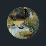 Mittagessen von Claude Monet, Vintager Impressioni Button<br><div class="desc">Das Luncheon (1876) von Claude Monet ist ein Vintager Impressionismus, ein Kunstgemälde mit einem Picknick im Garten im Frühjahr und einem Nachmittagstee. Ein Kind spielt leise mit Spielzeug auf dem Boden. Über den Künstler: Claude Monet (1840-1926) war Gründer der französischen impressionistischen Malerei, wobei die meisten seiner Gemälde "en plein air"...</div>