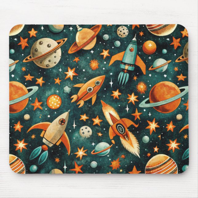 Mitte des Jahrhunderts Atomic Space Orange Teal Pl Mousepad (Vorne)