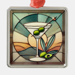Mitte des Jahrhunderts Buntglas 2 Olive Martini Ornament Aus Metall