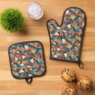 Mitte des Jahrhunderts geometrisches Türkis- und O Ofenhandschuh & Topflappen-Set