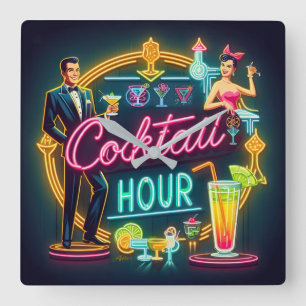 Mitte des Jahrhunderts Neon Schild Cocktailstunde Quadratische Wanduhr
