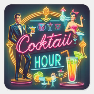 Mitte des Jahrhunderts Neon Schild Cocktailstunde Quadratischer Aufkleber