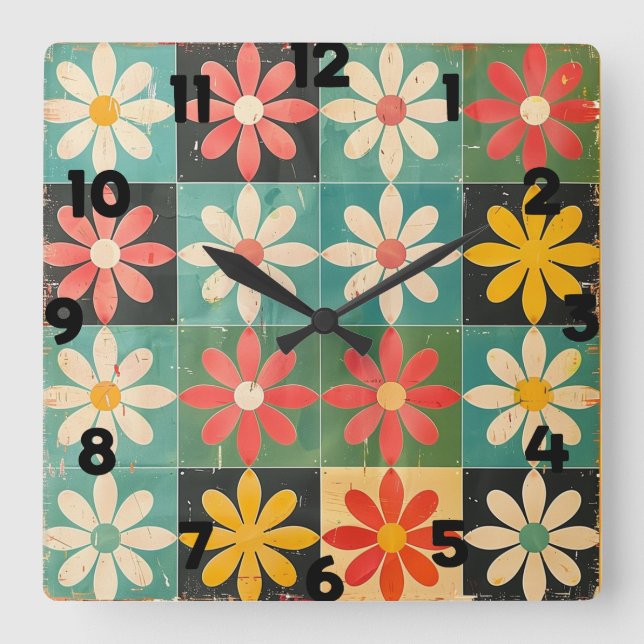 Mitte des Jahrhunderts Retro Daisy Muster Quadratische Wanduhr (Vorderseite)