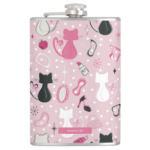 Mitte des Jahrhunderts Rosa Herz Katzen Flachmann