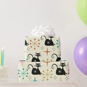 Mitte des Jahrhunderts schwarze atomare Katze mit Geschenkpapier
