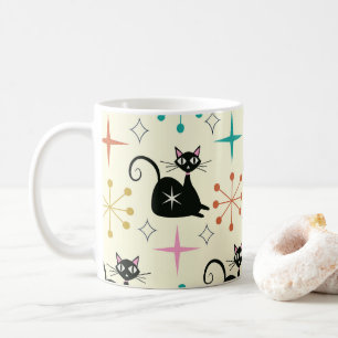Mitte des Jahrhunderts schwarze atomare Katze mit  Kaffeetasse