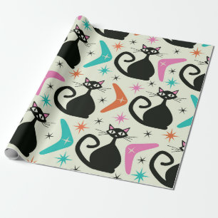 Mitte des Jahrhunderts schwarze atomare Katzen mit Geschenkpapier