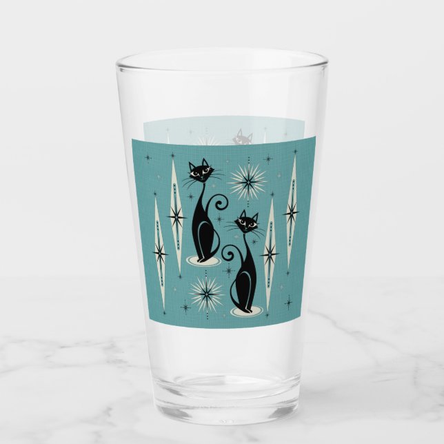 Mitte Jahrhundert bedeutet Retro Atomkatzen auf bl Glas (Vorderseite)