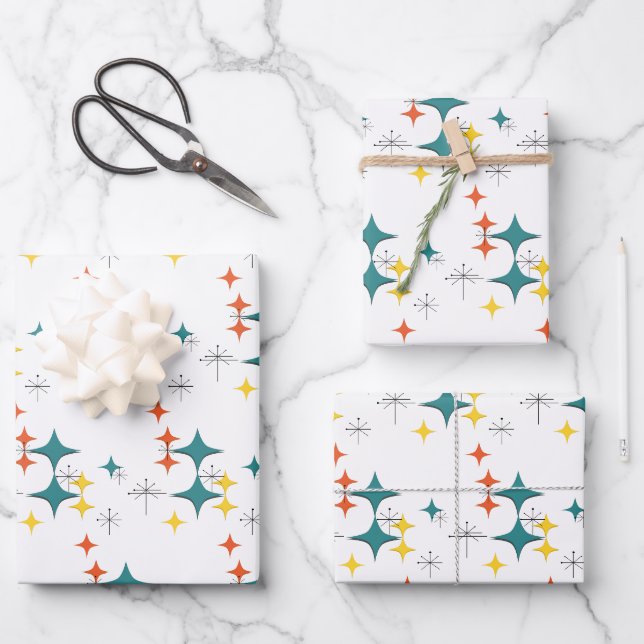 Mitte Jahrhundert Diamonds Sternexplosionen Türkis Geschenkpapier Set (Vorderseite)
