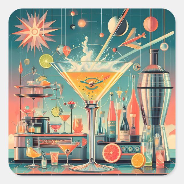 Mitte Jahrhunderts Atomusiontic Citrus Martini Bar Quadratischer Aufkleber (Vorderseite)